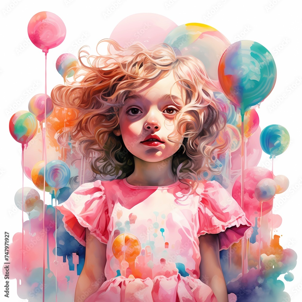 A little girl in a pink dress on a background of balloons in a watercolor style close-up. Hight emotional illustration