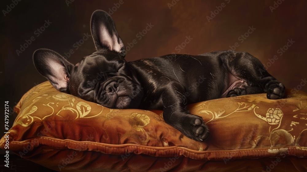 A humorous scene where a French bulldog puppy sleeps soundly on its back on a luxurious velvet pillow, paws in the air, and a peaceful expression on its face.