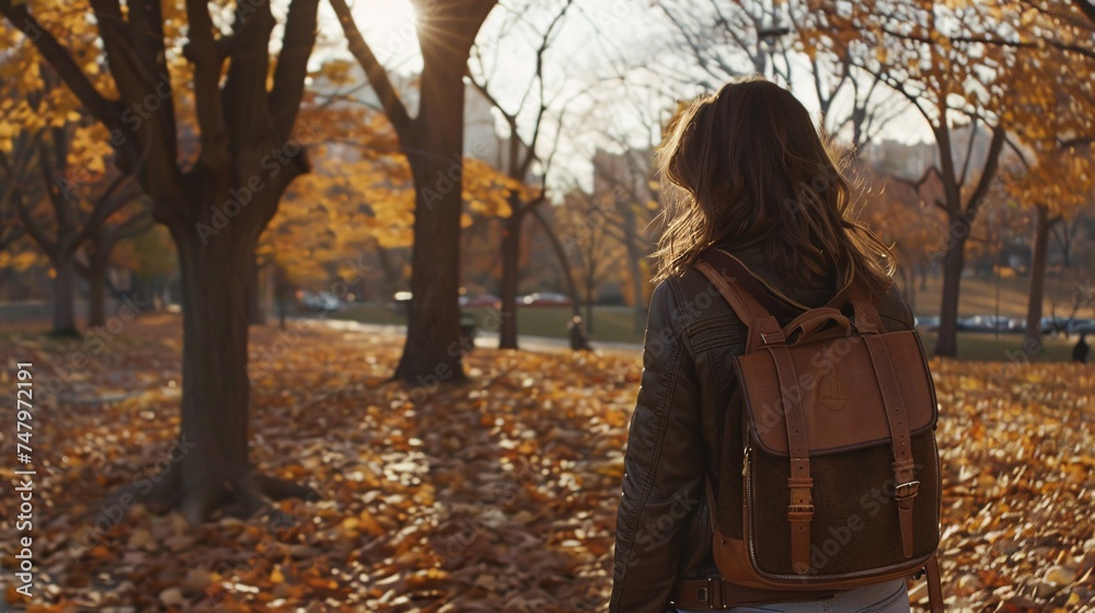 Fall Fashion A Woman's Backpack in a Park Generative AI Fall Fashion A Woman's Backpack in a Park Generative AI