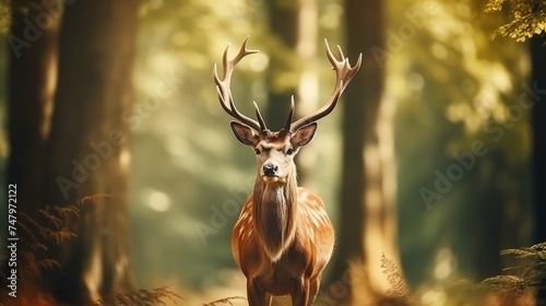 Beautiful deer in lush forest setting with defocused background and space for text © chelmicky