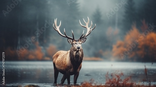 Majestic deer in serene forest setting with defocused background and copy space for text