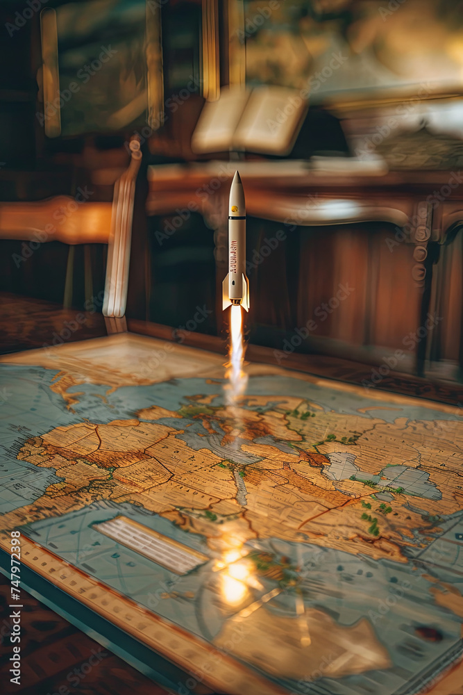A mini rocket launching from a map on a table A mini rocket launching from a map on a table
