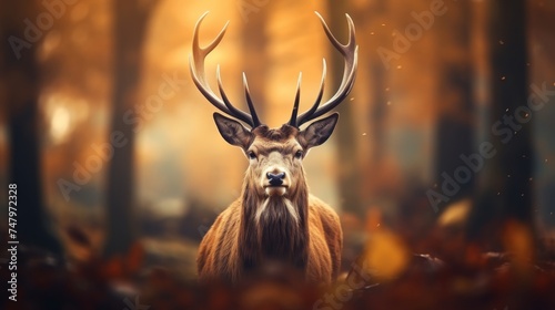 Majestic deer grazing in misty forest with ample copy space on blurred natural background
