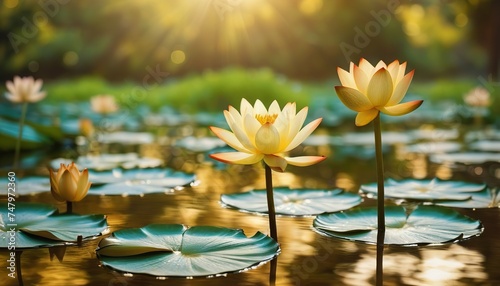 Golden Lotus Flower Pond with Water Lily Vector Artwork © Eliane
