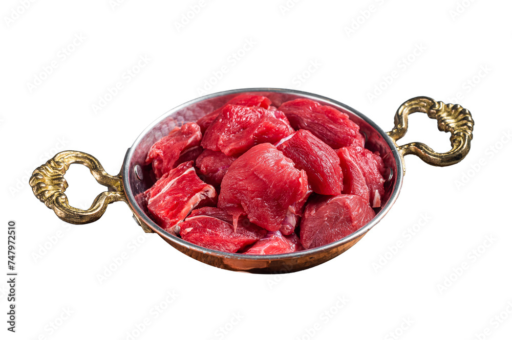 Uncooked Raw diced beef veal meat for stew in skillet.  Isolated, Transparent background. - obrazy, fototapety, plakaty 