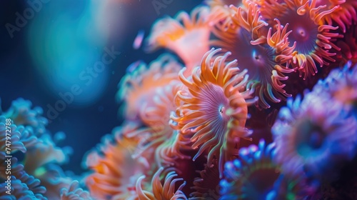 A detailed image focusing on the delicate patterns and vibrant colors of coral polyps in full bloom, with tiny reef fish and other marine life visible in the background