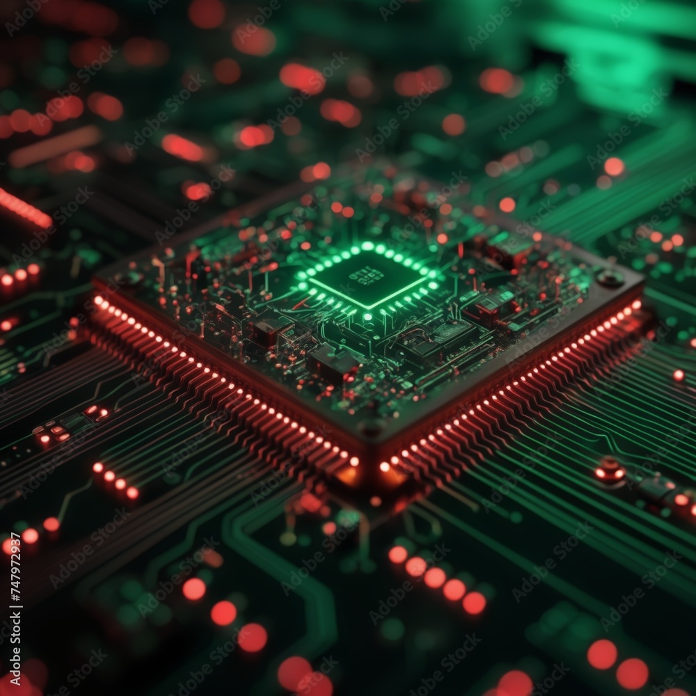 Microchip with red and green lights on a detailed circuit board.
Microchip with red and green lights on a detailed circuit board.