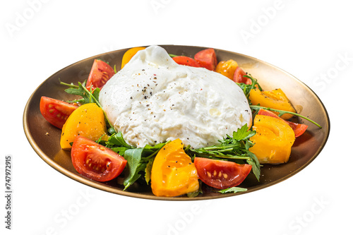 Italian Burrata cheese with cherry tomatoes and fresh arugula. Isolated, Transparent background.