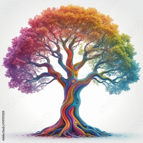 Whimsical tree with swirling patterns and rainbow colors

