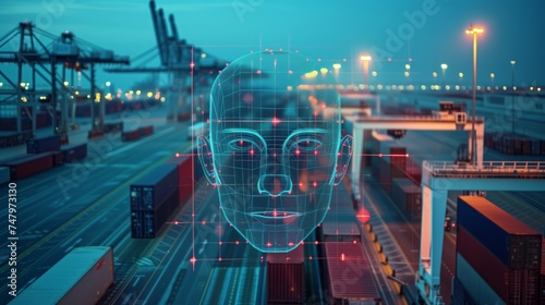 Artificial intelligence in logistics, digital face overlay on shipping port showcasing smart technology. 