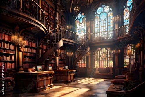 A historic library with wooden bookshelves  leather-bound books  and stained glass windows.  