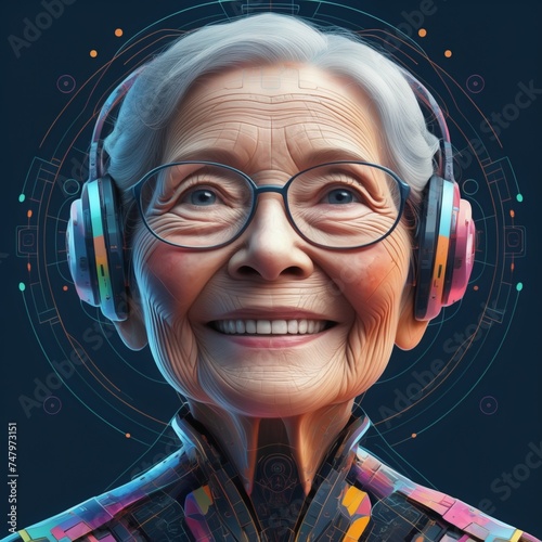 Joyful senior woman with high-tech glasses and interface
