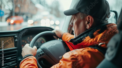 Delivery driver navigating city streets, focus on transportation and logistics in urban environment. 