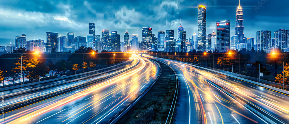 Obraz premium City Traffic at Night, High-Speed Highway Movement, Urban Transportation, Modern Cityscape Lights