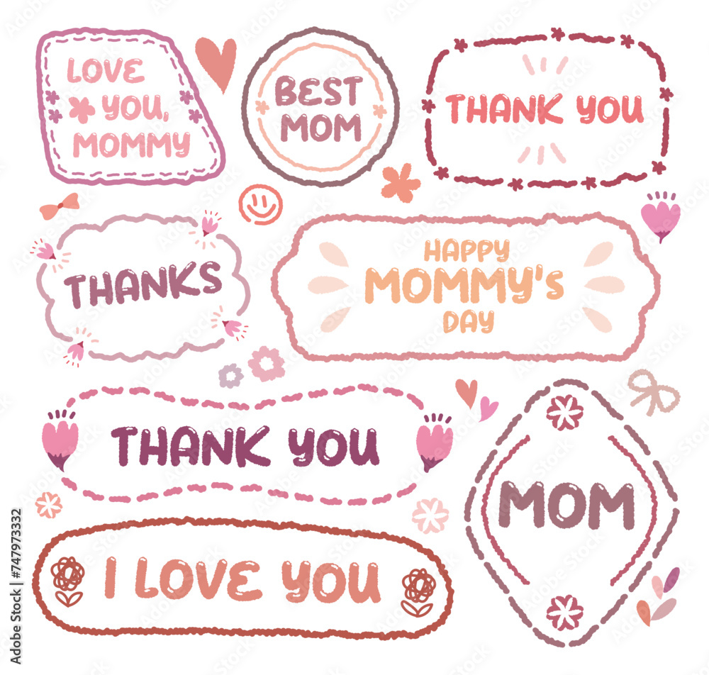 Collection of Happy Mother's Day speech bubbles. Cute flower memo labels.Hand drawn doodle lettering quote frame with tulip and rose.Set of sticker for the mom.mommy love gift labels, Love gift tags. Collection of Happy Mother's Day speech bubbles. Cute flower memo labels.Hand drawn doodle lettering quote frame with tulip and rose.Set of sticker for the mom.mommy love gift labels, Love gift tags.