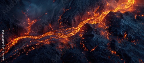In this vertical shot, lava is seen glowing orange and red as it flows through the air, creating a mesmerizing and intense scene. The molten lava moves with power and heat, illuminating the night sky.
