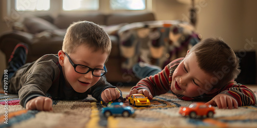 Boys with Down syndrome playing with toy cars on a rug. Learning Disability