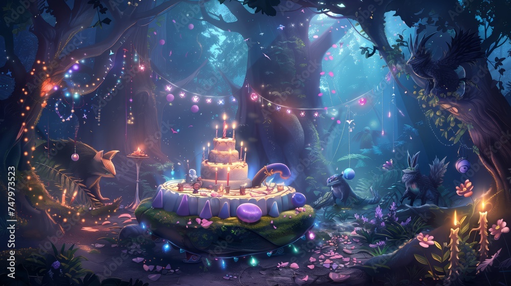 Magical Forest Celebration: Fantastical Cake Centerpiece with Glowing Lights, Festive Atmosphere in a Dreamlike Woodland Setting.
