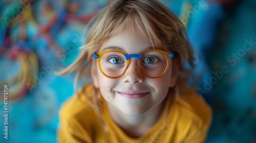 Cheerful Child Wearing Glasses: Portrait of a Smiling Kid with Bright Blue Eyes, Expressing Joy and Innocence Against a Colorful Backdrop. 