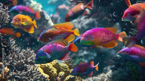 A dynamic underwater scene where a group of brightly colored parrotfish nibble on the coral, showcasing the interaction between fish and reef  © Muhammad
