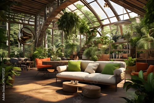 A modern greenhouse filled with lush tropical plants, creating a vibrant oasis of greenery.