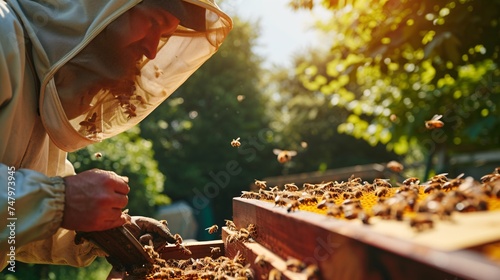 a man wearing a bee mask and a net over a beehive
