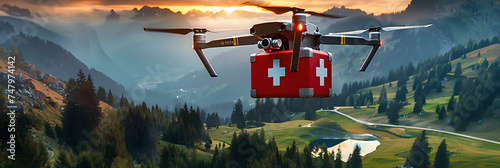 Closeup of a drone with a red first aid kit flying over a mountain landscape with green forest, small lake and valley at sunset or sunrise. Mountain rescue concept.  photo