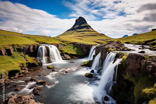 Landscape of Kirkjufellsfoss with background of mountain and waterfalls. Nature of Iceland during summer