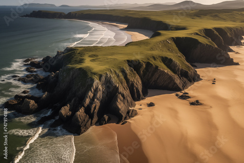 Sandy beach in sheltered horseshoe-shaped bay, nature of south-west County Donegal, Ireland. Beautiful marine landscape with mountains and Atlantic ocean