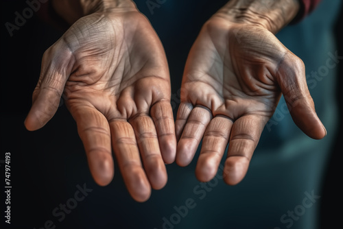 Male hands as if holding something. Closeup of male palms with open fingers, begging, pleading and asking for help. Human support concept