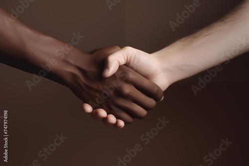 People shaking hands. White and black people handshake over deal. Diverse equality partnership teamwork concept