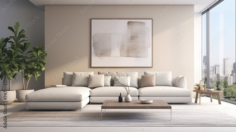 Nowoczesny jasny salon w bieli z przeszklonymi oknami i światłem. Styl industrialny. Wystrój wnętrza, mockup na obraz na ścianie. Wysoki sufit z widokiem na ogród. Render 3d