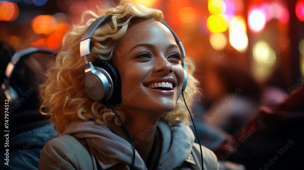 Collage of portraits of young emotional people on multicolored background in neon. Concept of human emotions, facial expression, sales. Smiling, listen to music with headphones Collage of portraits of young emotional people on multicolored background in neon. Concept of human emotions, facial expression, sales. Smiling, listen to music with headphones