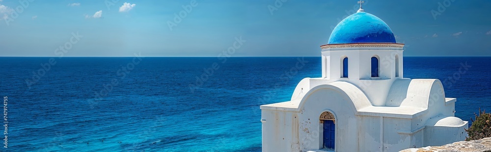 Traditional church in blue and white in a Greek island, Greece. Empty space
