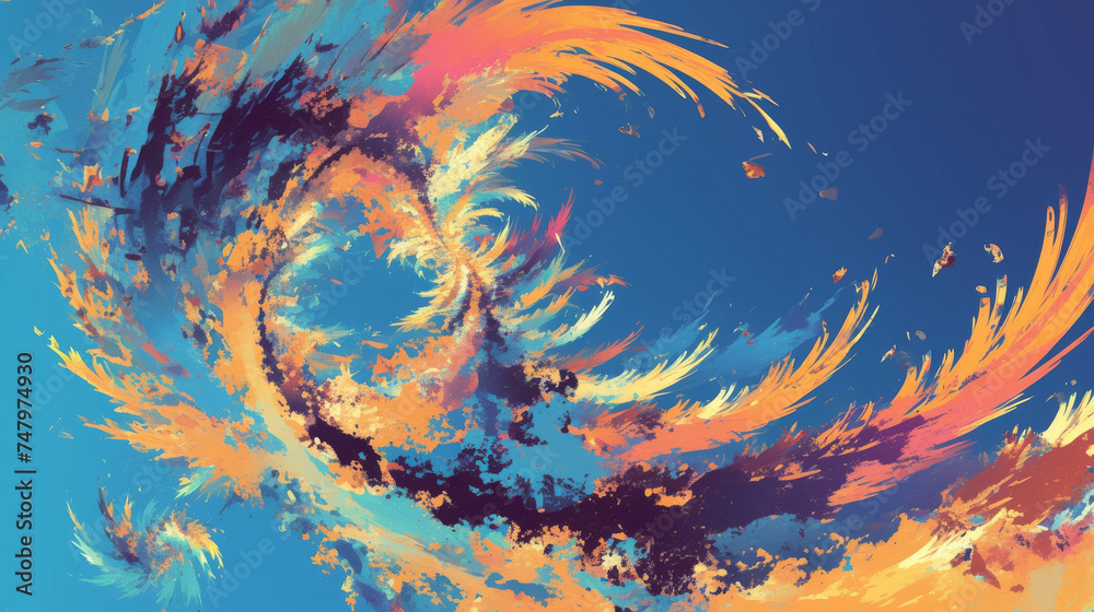 Dynamic abstract fractal swirl in blue and orange