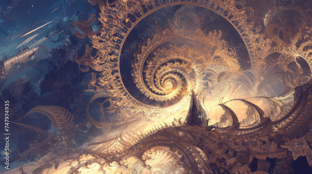Intricate fractal art with spirals and golden accents