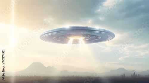 Mysterious ufo flying in the sky with copy space for text and space exploration concept