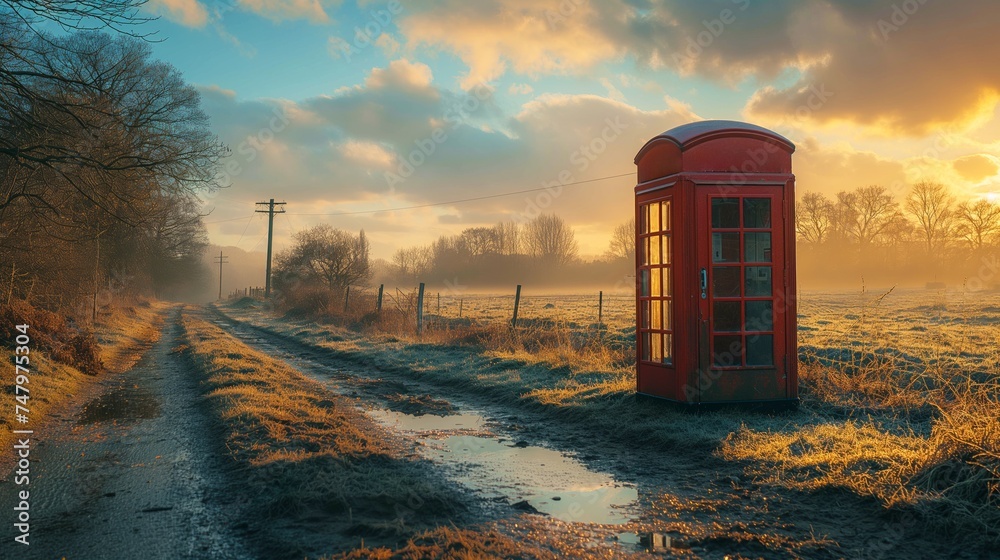red british phone box on the village road - obrazy, fototapety, plakaty 