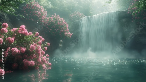 majestic waterfall cascading into a hidden garden