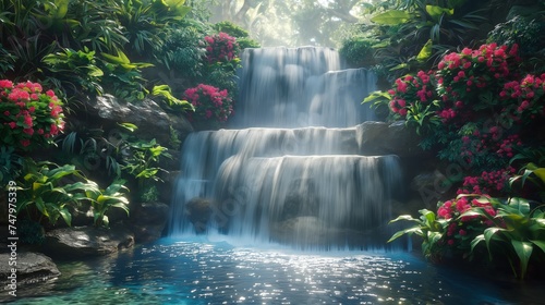 majestic waterfall cascading into a hidden garden © natalikp