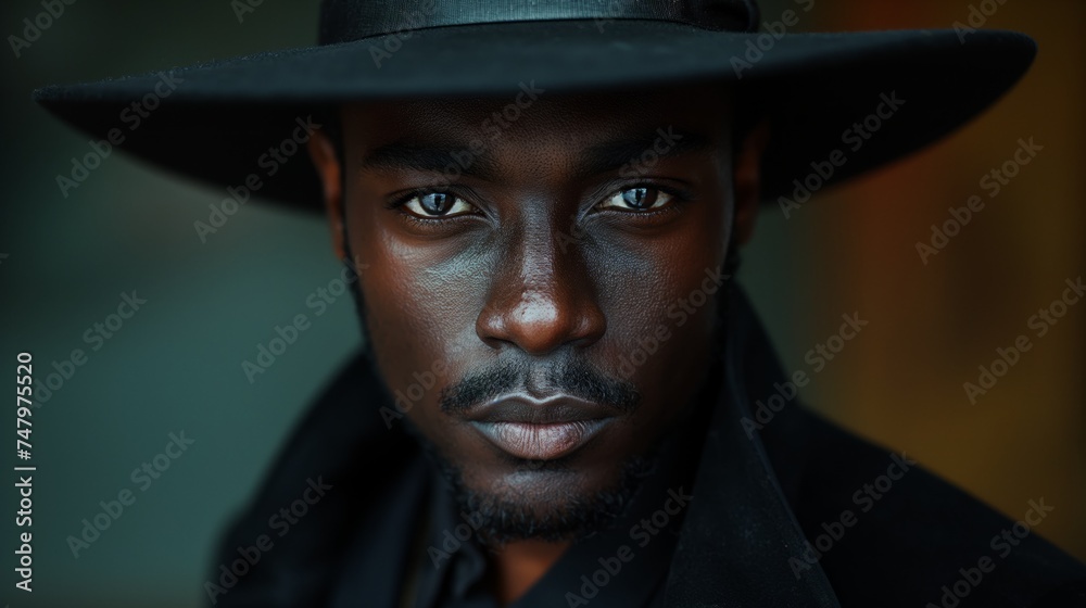 handsome african american male in all black suit and a black hat - obrazy, fototapety, plakaty 