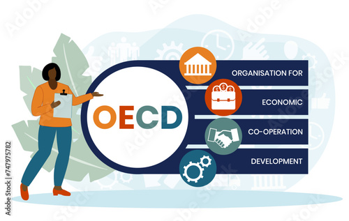 OECD - Organisation for Economic Co operation and Development acronym. business concept background. vector illustration concept with keywords and icons.
