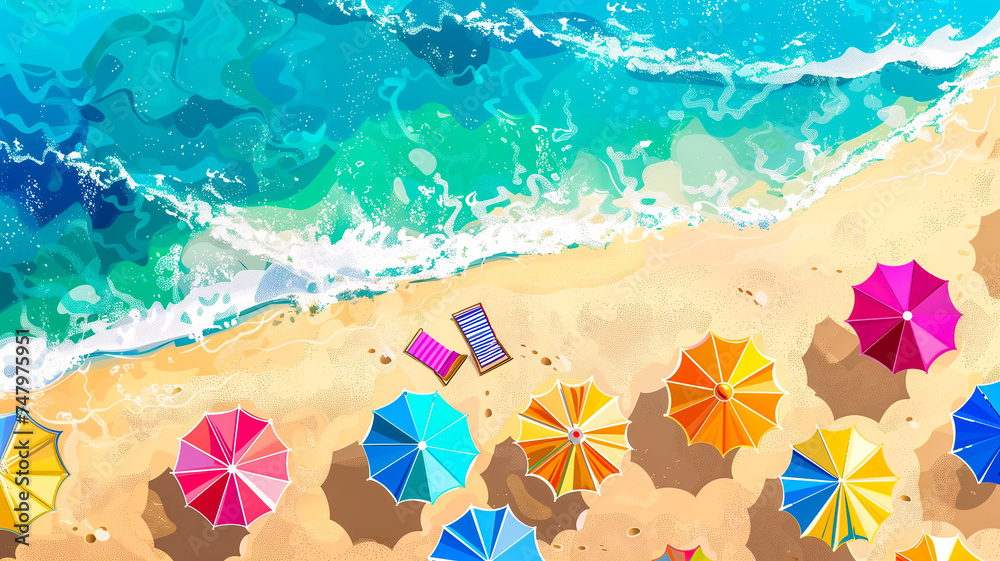 Summer background with umbrellas and waves touching the beach, colorful painting with a view from above