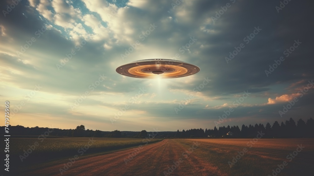 Obraz premium Flying ufo object in the sky with copy space for alien abduction or extraterrestrial concept