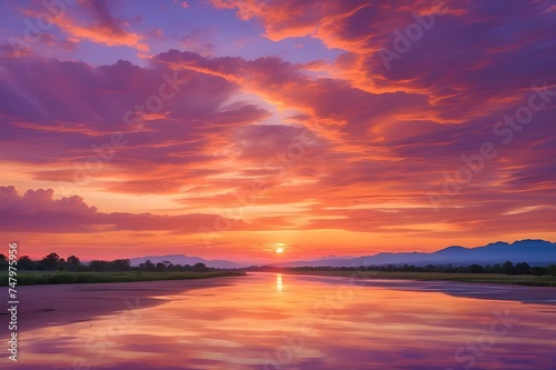 As the sun sets in the west, the sky transforms into a canvas of vibrant oranges, pinks, and purples, creating a breathtaking scene that captures the essence of a perfect summer evening.