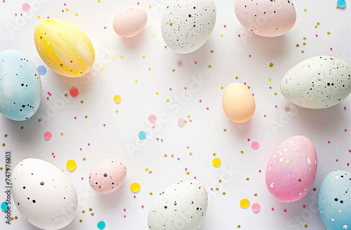 Easter eggs of pastel colors lying on a white surface, top view. Easter concept. Minimalism. Happy Easter. Copy space.