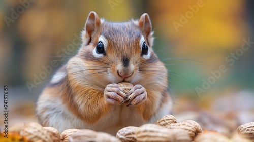Chipmunk eats peanut on the green park background © natalikp