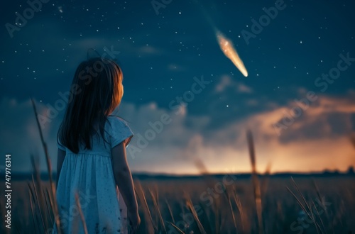 Girl watching night meteorite