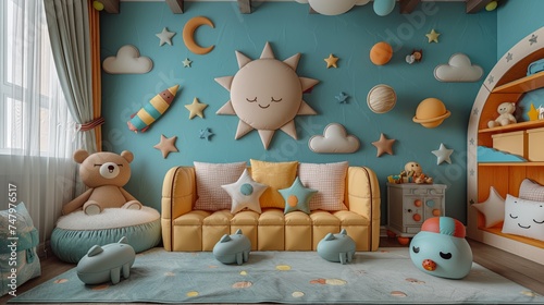 Walls in light beige and sky blue styles, playful colors, toys, space background, bright primary colors photo
