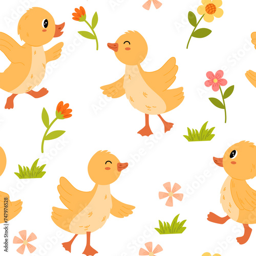 Easter chicks seamless pattern. Spring background. Cheerful little chickens. Funny domestic animals. Spring collection of animals, flowers, newborn poultry. Cartoon Vector illustration